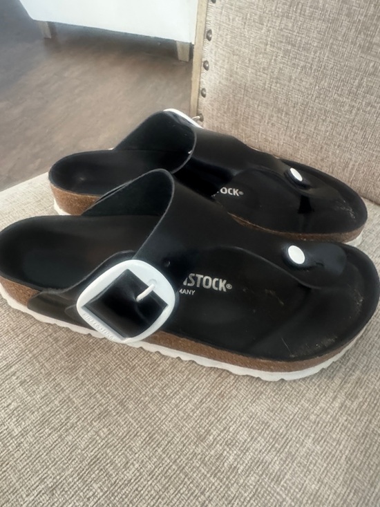 Birkenstock Shoes - Birkenstock Black Patent Madrid Sandals with White Buckle